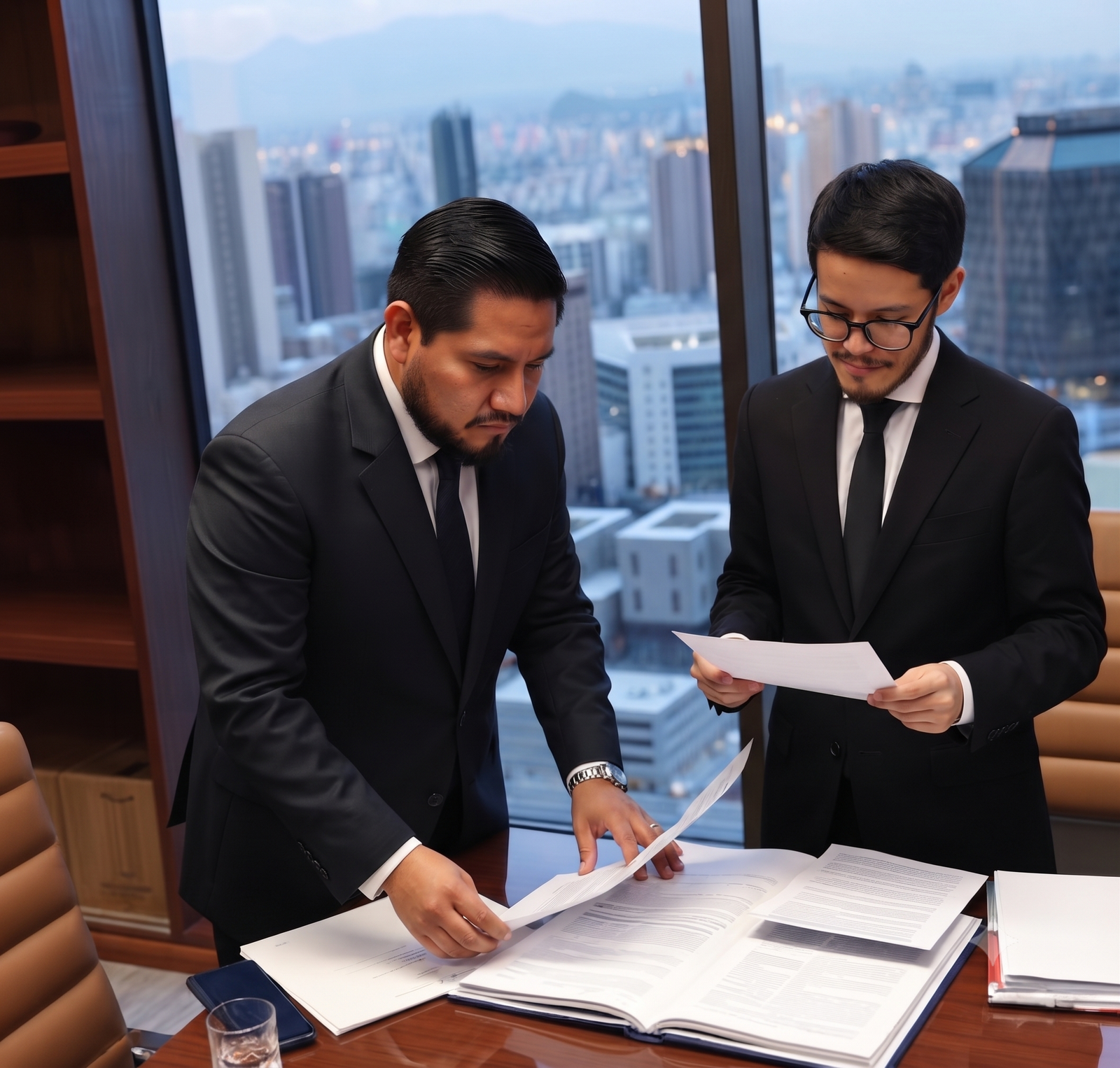 Abogados de GC & LM Legal revisando documentos en oficina con vista a Guadalajara